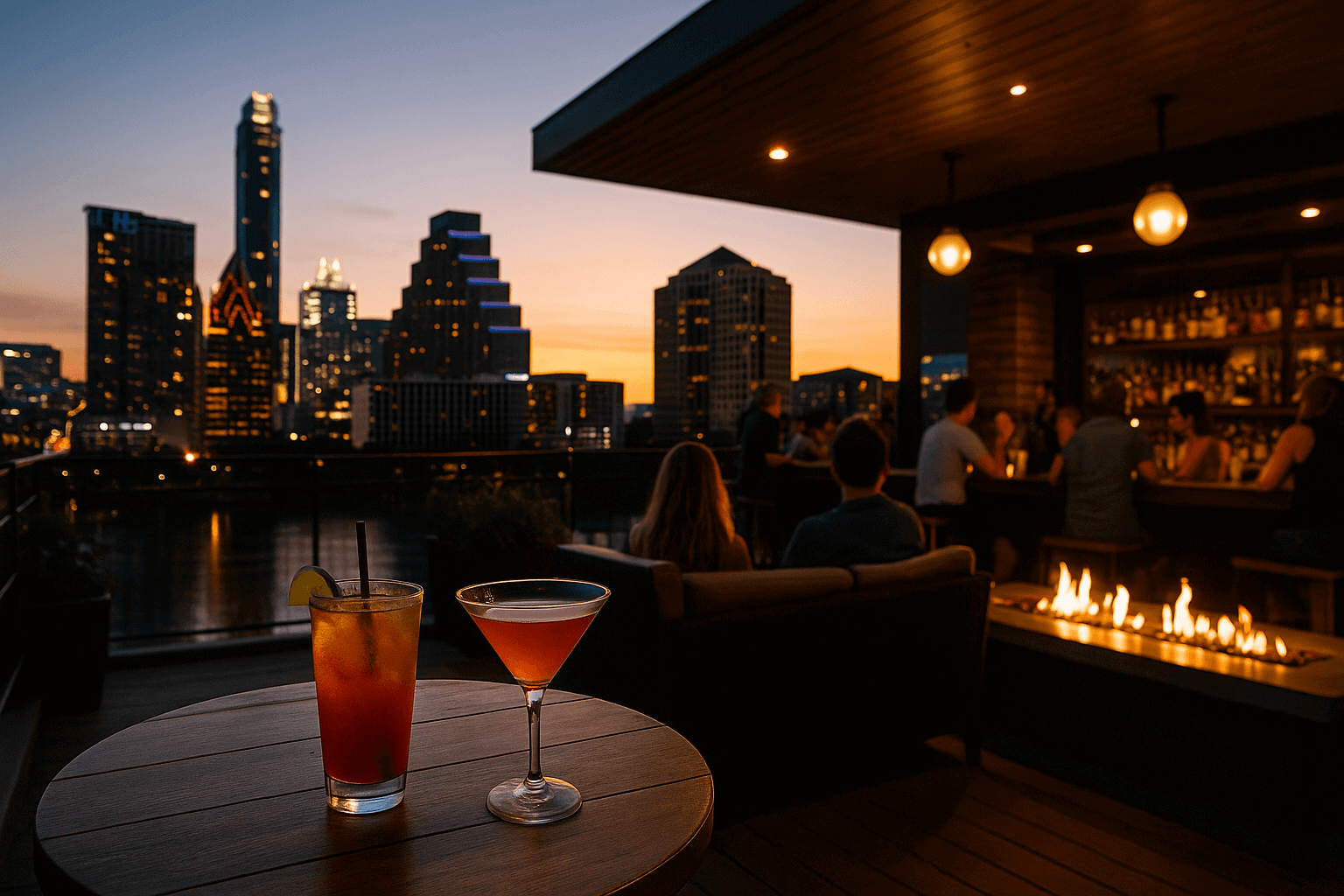 Rooftop bar in Austin at sunset with skyline view, cocktails on table, and people enjoying drinks.
