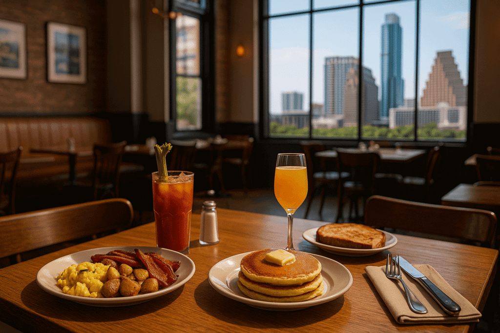 Brunch table in Austin restaurant with pancakes, scrambled eggs, bacon, and city skyline in the background.